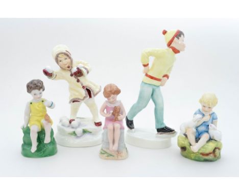 Five Royal Worcester figures, 'December' 3458, 'Tuesday's Child'
3534, 'The Dandelion', 3084 and two seconds 'Wednesday Girl'