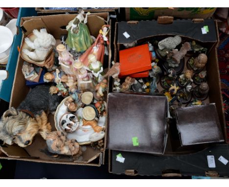 A collection of decorative ceramics to include Royal Doulton ladies, Beswick dogs, Hummel figures, bird models etc (2 boxes)