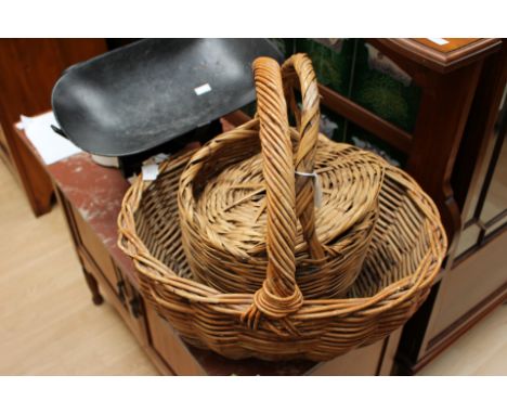 A collection of assorted items including wicker baskets, various items, grinders, various tools etc