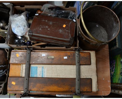 Two boxes of collective items to include, trouser press, Ebony ladies' and gentlemen's dressing sets, tapestry 19th Century f