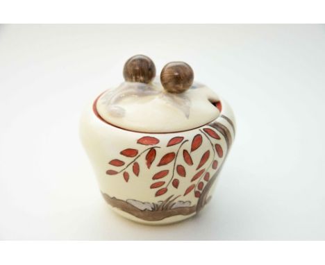 Clarice Cliff for Wilkinson, a 'Mowcop' preserve pot, ogee form, red willow design