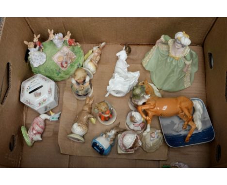 A collection of ceramic figures to include, a Beswick horse, three Hummel figures, Royal Copenhagen no.3467 pin dish, Royal A