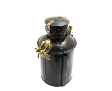 Railway Interest - An oil lamp of circular form with hinged cover enclosing reservoir and burner stamped BRWR, approx. 34 cm 