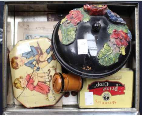 A vintage Huntley and Palmer biscuit tin, Miss Murray containing various other vintage tins, a Victorian greetings card, Edwa