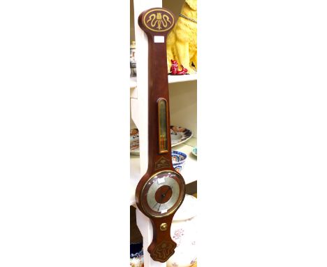 An Art Nouveau style mahogany barometer and thermometer, inlaid with brass foliage, made by J Hatfield, 1987