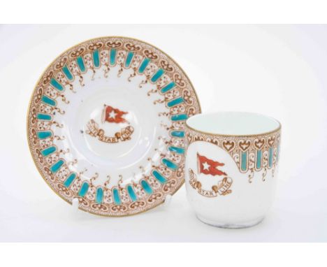 White Star Line cup and saucer decorated with 'Wisteria Pattern' and the White Star burgee and banner, printed mark to base (