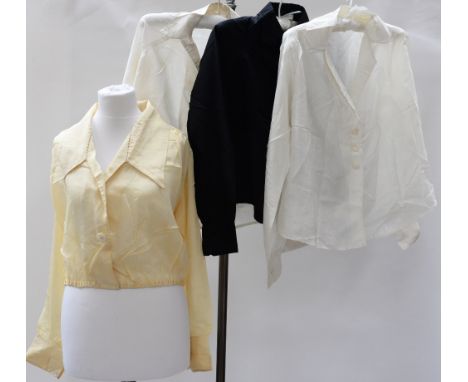 A pure silk Edwardian blouse with mother-of-pearl buttons, a lemon coloured silk blouse 1920s with faggoting detail on the co