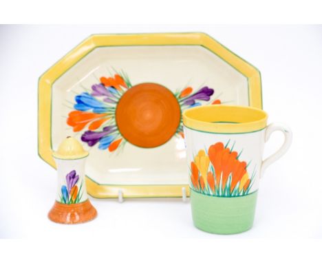 A Clarice Cliff crocus pattern mug, sandwich plate and salt (3)