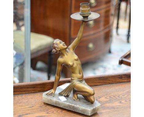 A Art Deco Spelter figure, lamp base mounted on marble base