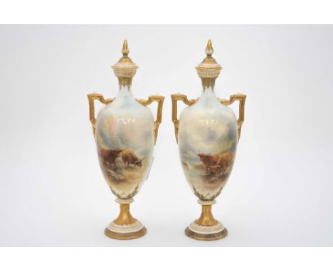 John Stinton for Royal Worcester, a pair of pedestal vases and covers, twin handled, elongated ovoid form on knopped stems, p