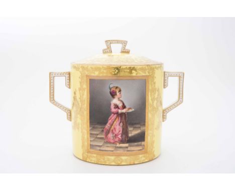 A late 19th Century German porcelain loving cup and cover, yellow and gilt ground, painted with a rectangular panel depicting