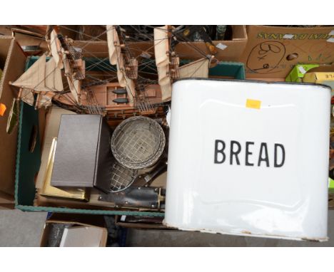 Box of metal ware, enamel bread bin, model galleon, etc