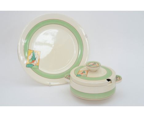 Clarice Cliff for Newport and Wilkinson, a cylindrical sauce tureen and plate, red cottage vignette and green banding (2)