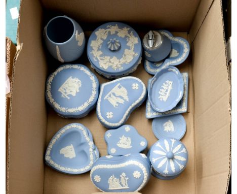 A Wedgwood Blue Jasperware collection, comprising trinket dishes, ashtray and vase etc 