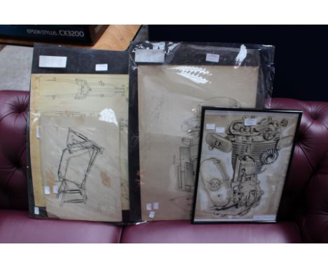 Original sectioned drawings from the archives of IPC, Publishers of  The Motorcycle Magazine, lot of four drawings, one frame