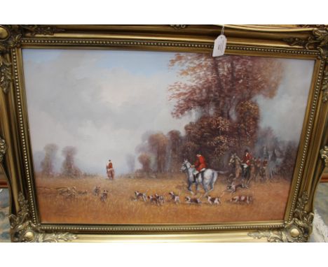An oil on canvas depicting a rural hunting scene, indistinctly signed to lower left, fitted in a gilt frame, 56 cm high, 90 c