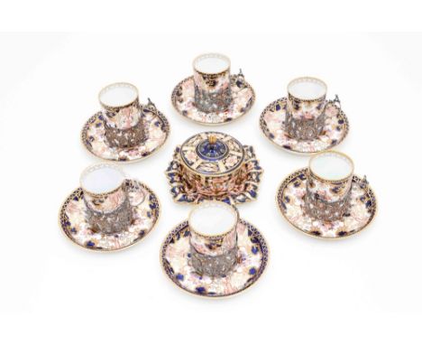 Royal Crown Derby coffee and saucers, silver holders, together with a lidded dish and pin dish(14)