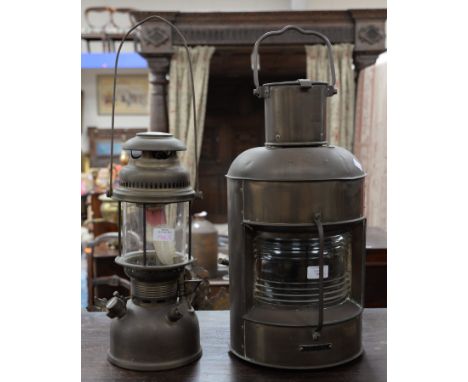 Maritime interest: a navigation light pat. No 180070/80093/378752, together with an oil lamp (2)