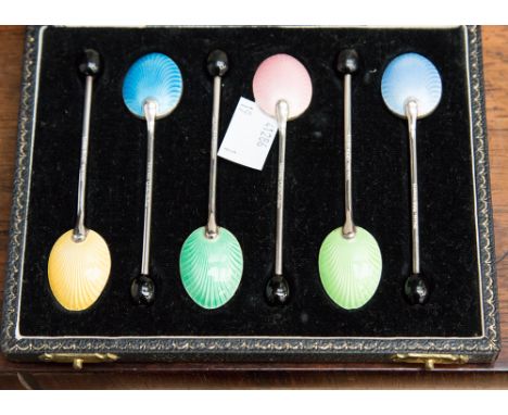 A cased set of 6 silver and enamel coffee bean spoons, various enamel colours on spoon backs, maker Henry Clifford Davis, hal
