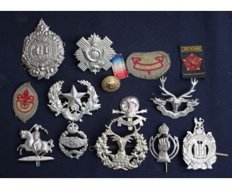 WW2 British Cap badges, 17th/21st Lancers, Royal Armoured Corps, Scottish Regts, (all restrikes) Boy Scout Cloth Badges (10)
