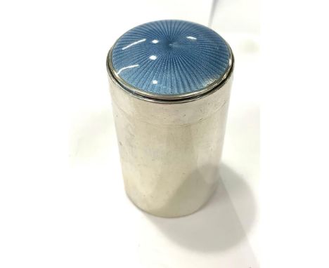 Silver cylindrical enamel box, good overall antique condition. Slight mark/chip to enamel as per image