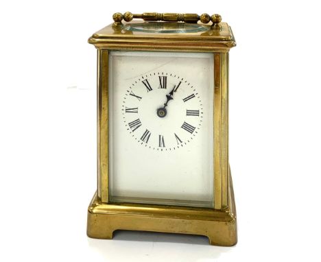 Vintage heavy brass carriage clock key-wind spares and repairs with white enamel dial dimensions - 11.5cm(h) x 8cm(w)   In vi