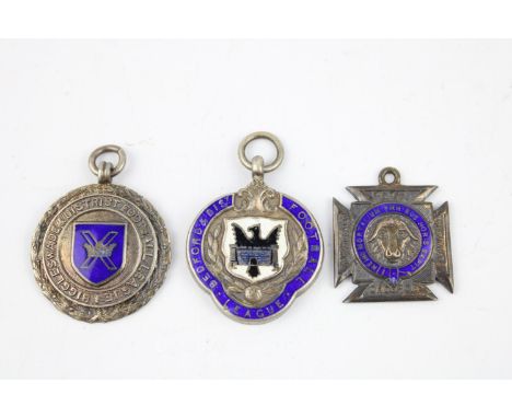 Antique / Vintage hallmarked .925 sterling silver fobs/ medallions with enamel Inc football &amp; masonic   In antique / vint