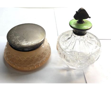 large silver top perfume bottle and powder bowl both with silver lids enamel damage to perfume as shown 