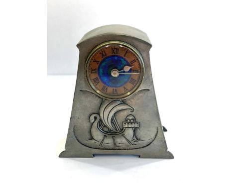 Vintage Liberty and Co Tudric Pewter mantel clock, original key, boat design on front dimensions - 8cm(w) x 13cm(h)&nbsp; &nb
