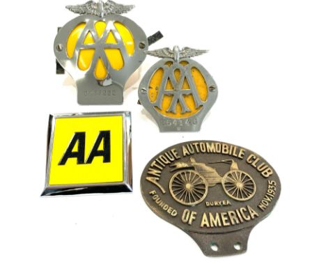 Vintage automobilia car grille badges inc AA, Brass Automobile Club of America Etc   Items are in vintage condition  Signs of