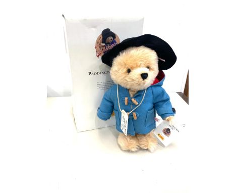 Steiff Paddington bear with tags and suitcase no 01033, Blonde 29 cm tall. Complete with box. Has a smoke odour. 