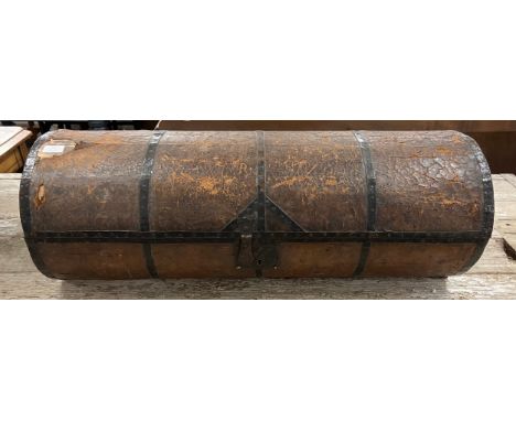 An 18th Century French cylindrical leather and metal bound stage coach trunk 