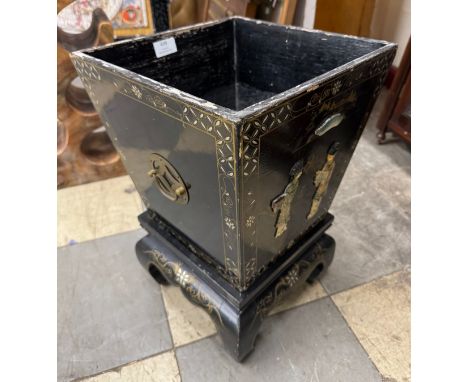 A chinoiserie ebonised, hand painted and hardstone inlaid planter on stand