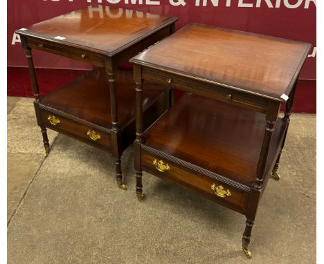 A pair of Regency style inlaid mahogany single drawer lamp tables 