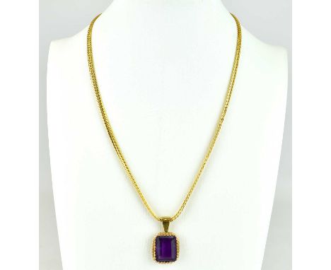 A square cut amethyst in 9ct gold pendant mount, on a 9ct flat herringbone link necklace with lobster claw clasp, length 40cm