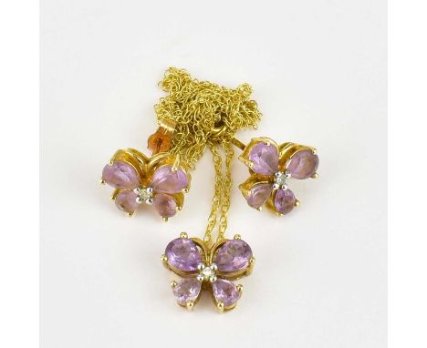 A 9ct gold dainty necklace with ring clasp, with amethyst and diamond floral pendant, size P, with a pair of matching earring