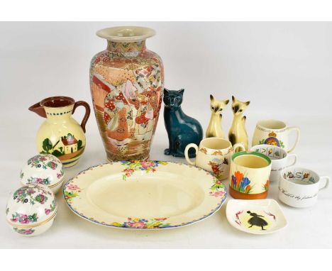 Mixed ceramics to include a large Japanese Satsuma vase, an Art Deco oval plate, a Clarice Cliff 'Crocus' pattern preserve po