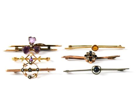 A small bar brooch set with teardrop-shaped amethyst and seed pearl, length 3.4cm, in a fitted box, a bar brooch set with an 