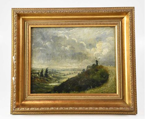 IN THE MANNER OF CONSTABLE (19th century); oil on panel, a Suffolk view with a windmill overlooking a valley, indistinctly si