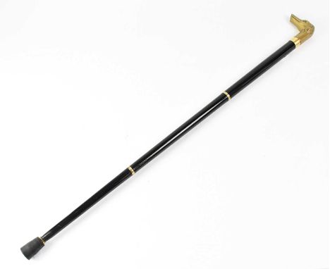 A Georgian-style three-sectioned wooden walking stick with brass dog handle revealing a glass flask, length 87cm.