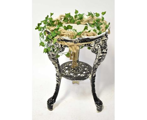 A cast metal pub table base converted to a plant stand inset with stone dish, height 69cm, together with a pair of aluminium 