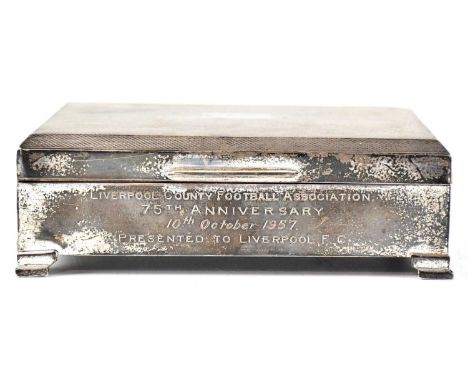 LIVERPOOL COUNTY FOOTBALL ASSOCIATION; an Elizabeth II hallmarked silver cigarette box inscribed 'Liverpool County Football A