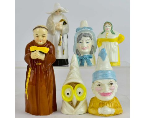 ROYAL WORCESTER; six vintage porcelain candle snuffers comprising 'Mrs Caudle', 'French Cook', length 6.5cm, 'Owl', 'Punch', 
