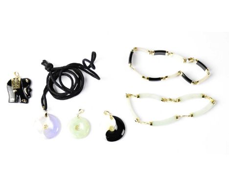 A group of hardstone and mother of pearl jewellery set with 14ct yellow gold Chinese symbols and mounts, comprising a circula