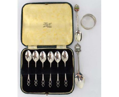 A cased set of six hallmarked silver coffee spoons with double diamond tipped handles, two commemorative silver spoons, one m