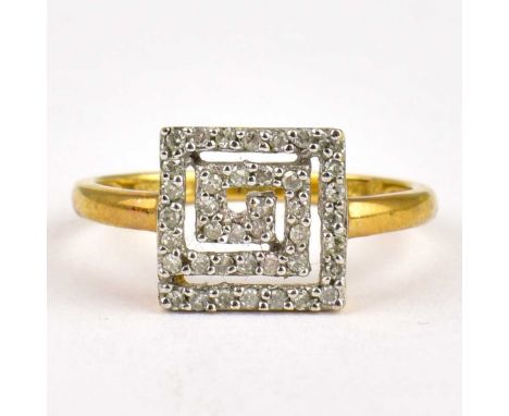 A 9ct gold dress ring with Greek Key cluster top, size O, approx. 2g.