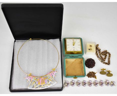 Various items of costume jewellery to include Victorian-style gold plated bracelet, red stone encrusted brooch, cufflinks, ea