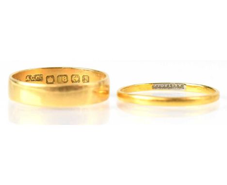 An 18ct gold wedding ring stamped 18, size Q 1/2, approx. 3.1g, together with one other indistinctly stamped gold wedding ban