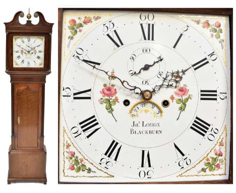 A late 18th/early 19th century oak and mahogany longcase clock, with swan neck pediment above square painted floral dial set 