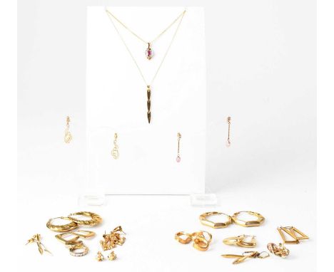 A quantity of 9ct yellow gold jewellery, to include various pairs of hoop and drop earrings and two pairs of knotwork stud ea